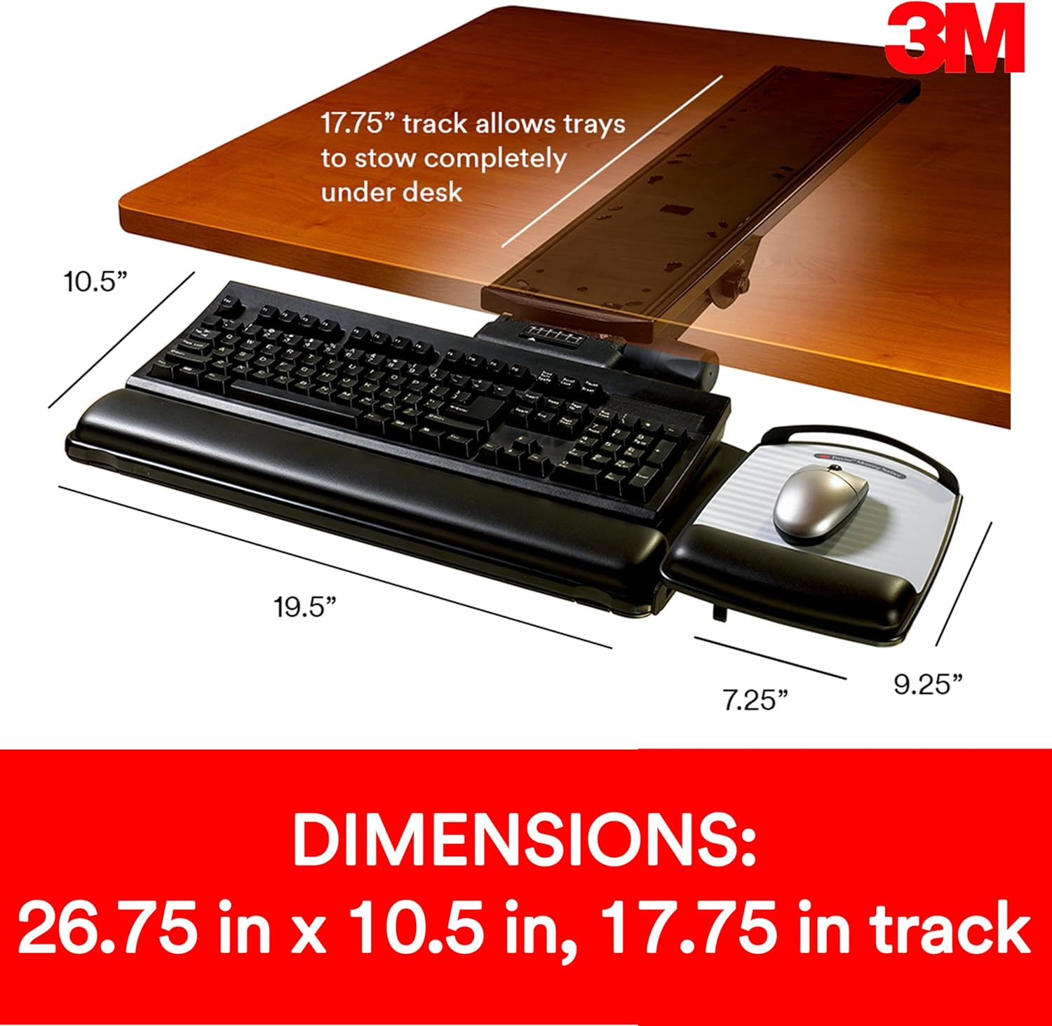 Keyboard Tray with Adjustable Keyboard and Mouse Platforms, Turn Knob to Adjust Height and Tilt, Swivels and Stores Under Desk, Gel Wrist Rest and Precise Mouse Pad, 17.75" Track, Black (AKT80LE) - Image 2