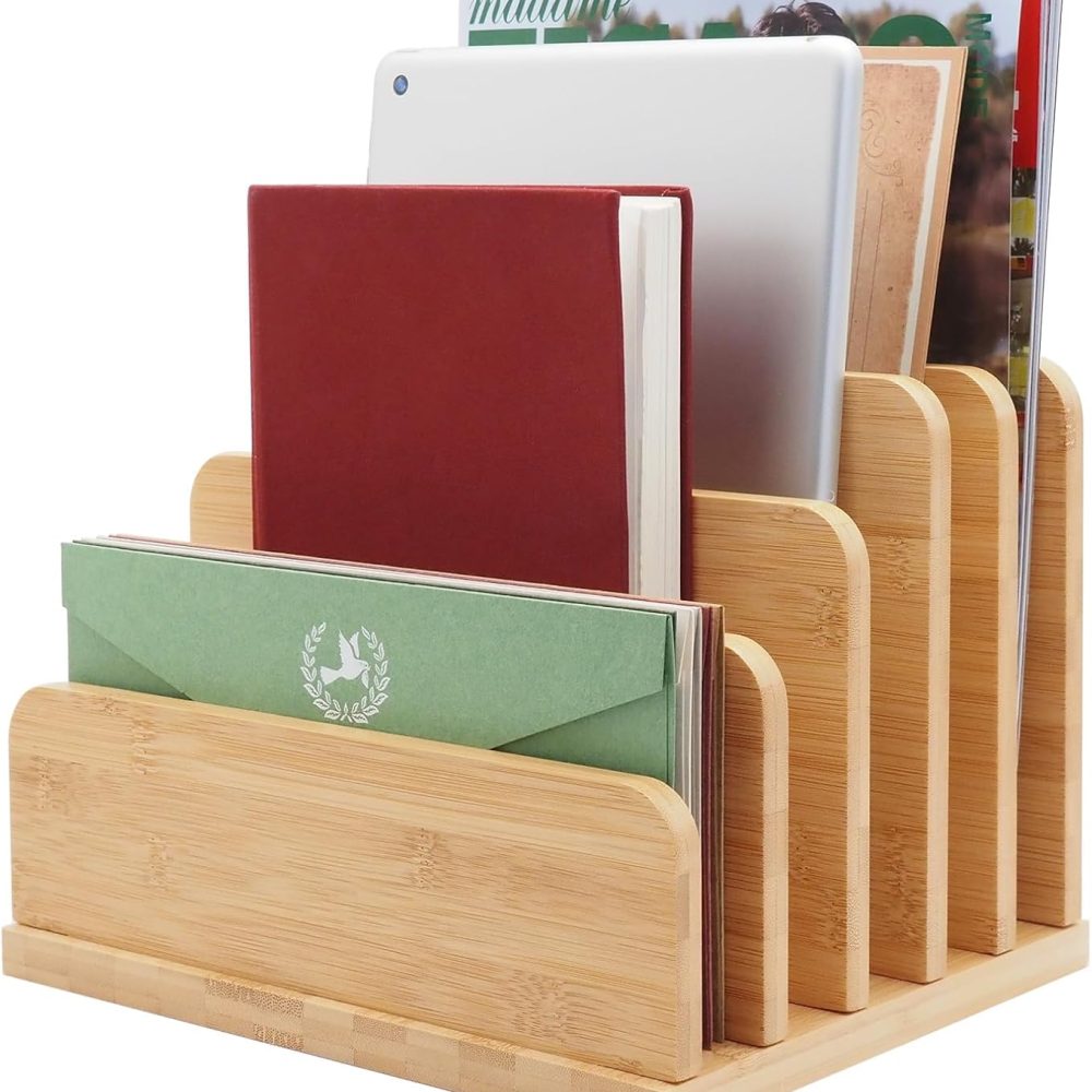 Desk File Mail Organizer Countertop, 5 Slots Bamboo Folder Sorter Holder for Letter, Envelope, Paper, Bill Filing, Desktop Tray Organizer for Office & Home