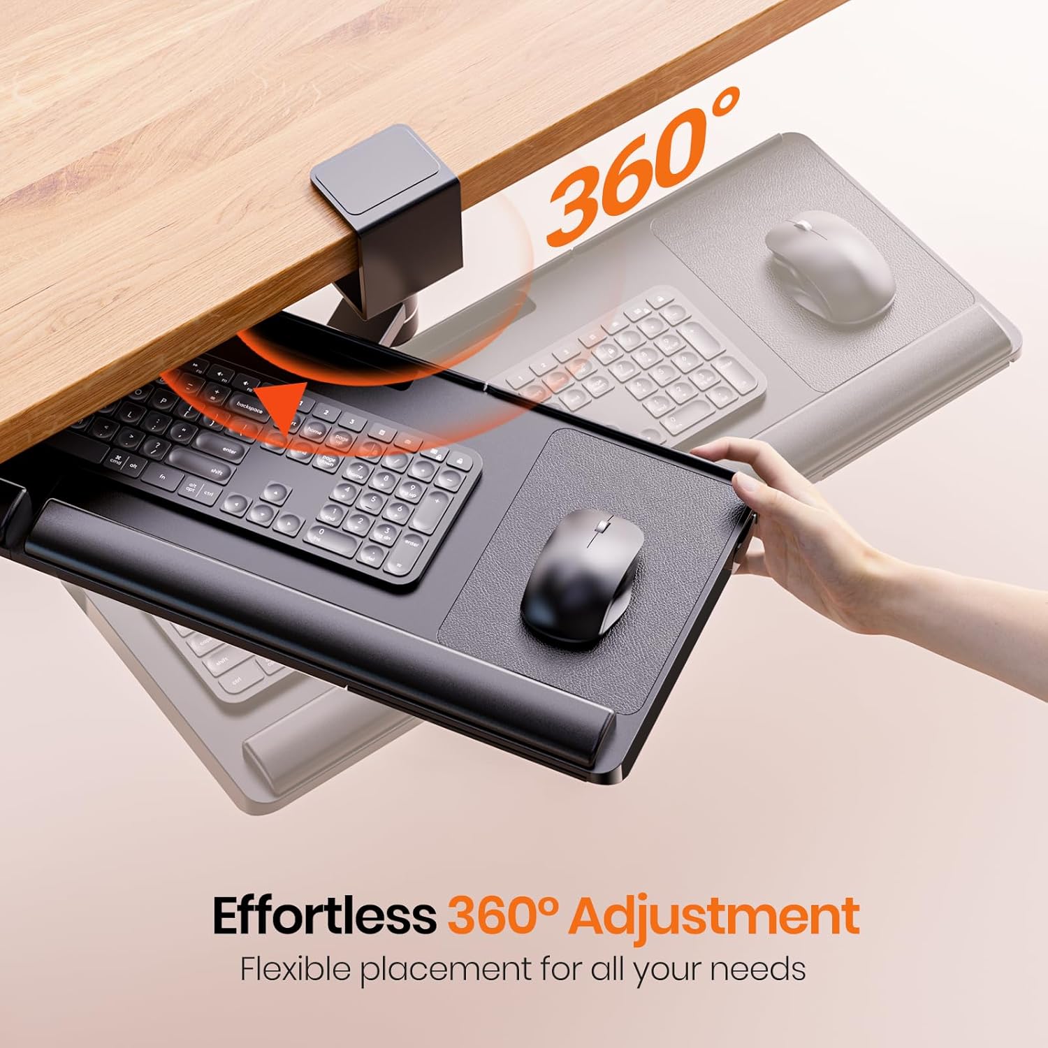 Klearlook Keyboard Tray Under Desk with 360° Rotation, Ergonomic Computer Keyboard & Mouse Tray 24.4"W×10"D Sit Stand Desk Keyboard Holder w/Wrist Rest & Storage Drawer-Black - Image 4