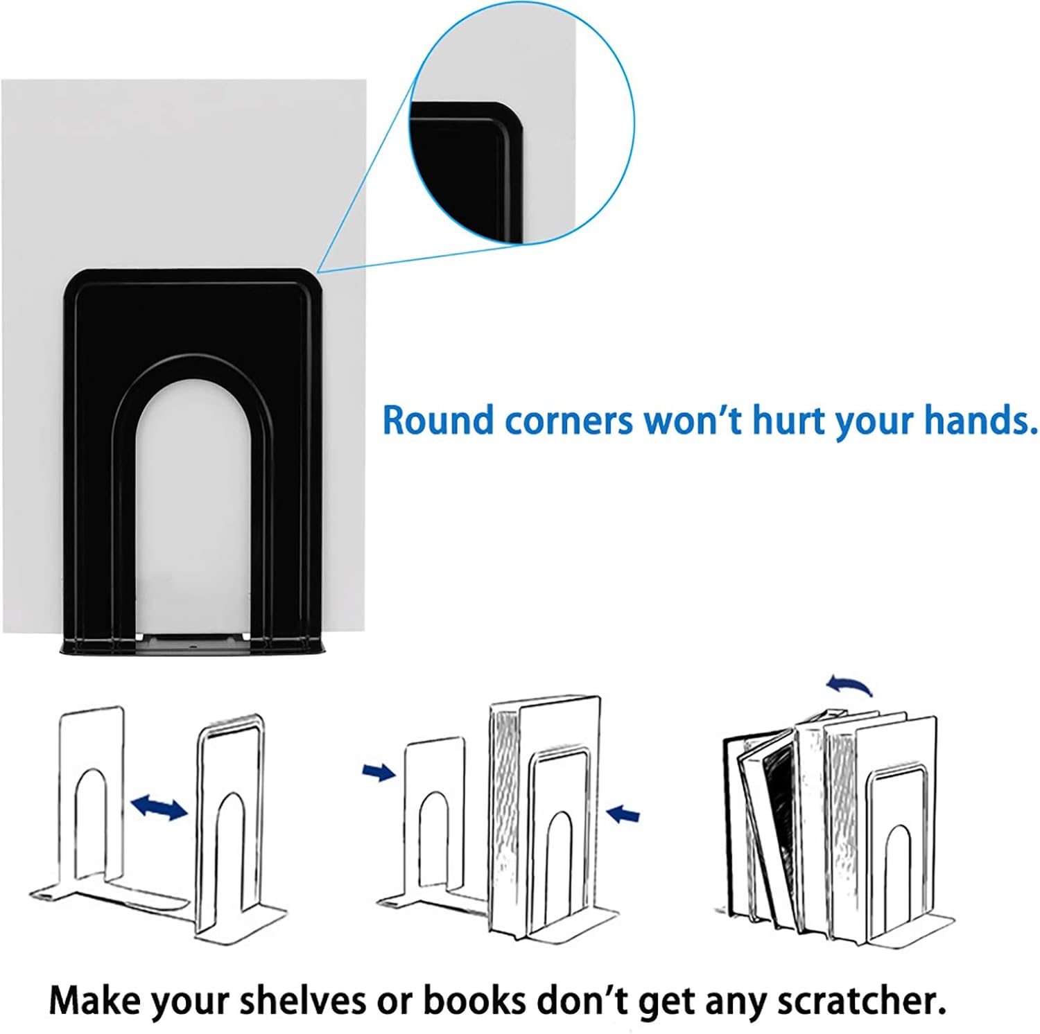 Metal Book Ends for Shelves, Book Shelf Holder Home Decorative, Book Ends for Heavy Books/Movies/CDs, Black 6.5 x 5 x 5.7 in, 4 Pair/ 8 Piece - Image 2