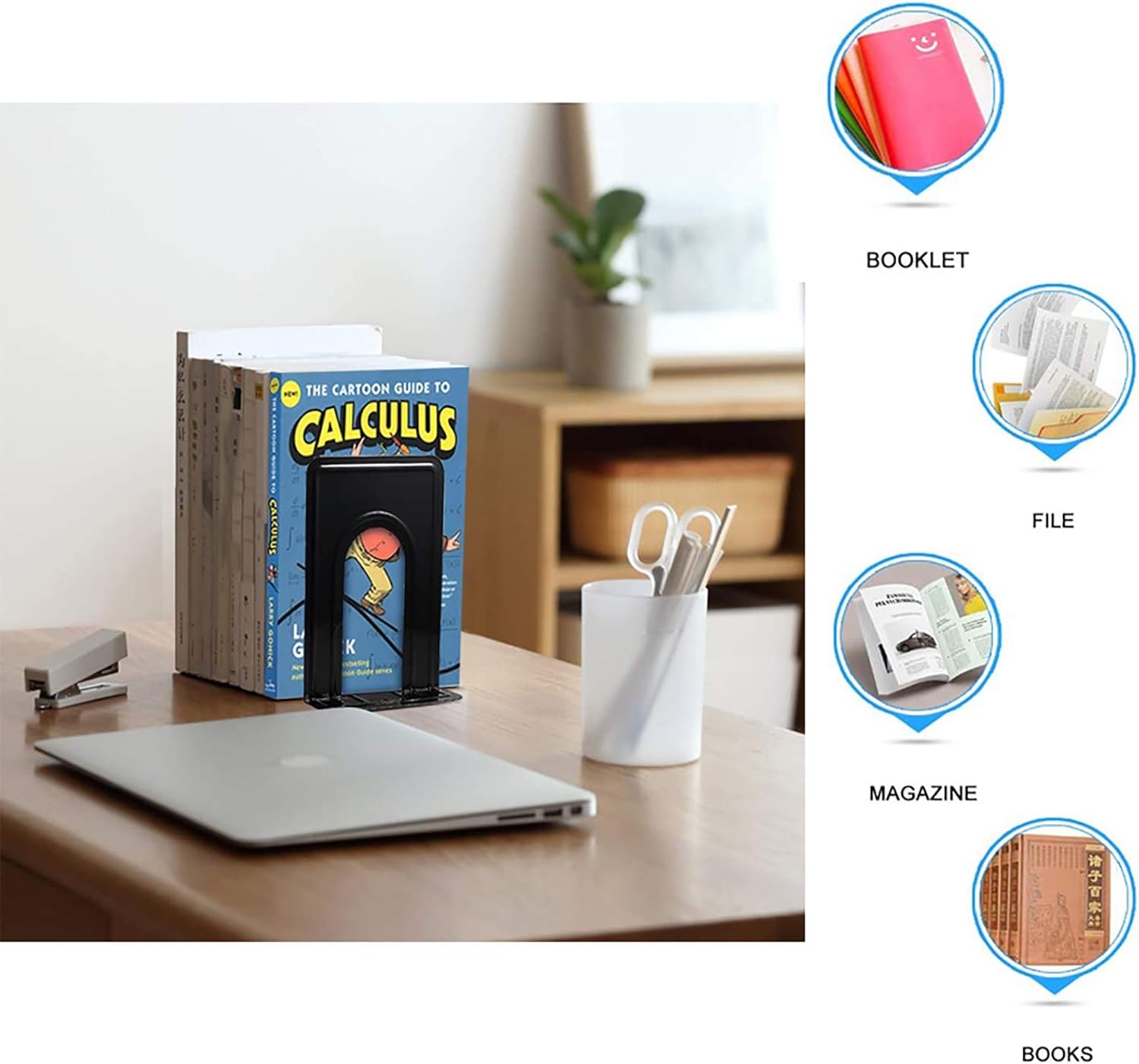 Metal Book Ends for Shelves, Book Shelf Holder Home Decorative, Book Ends for Heavy Books/Movies/CDs, Black 6.5 x 5 x 5.7 in, 4 Pair/ 8 Piece - Image 5