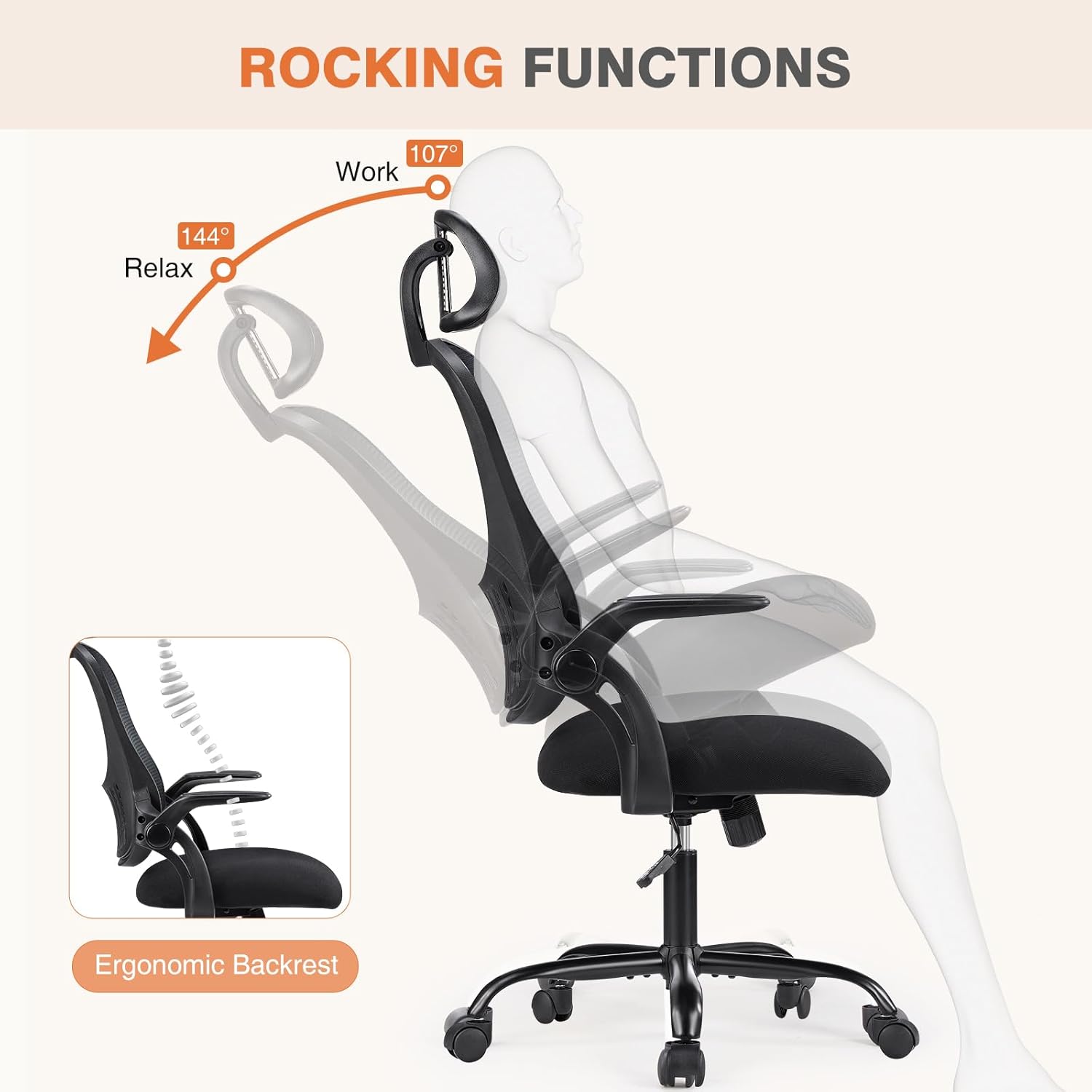 Sweetcrispy Office Computer Desk Chair, Ergonomic High-Back Mesh Rolling Work Chairs with Wheels and Adjustable Headrests, Comfortable Lumbar Support, Comfy Flip-up Arms for Home,Bedroom,Study, Black - Image 5