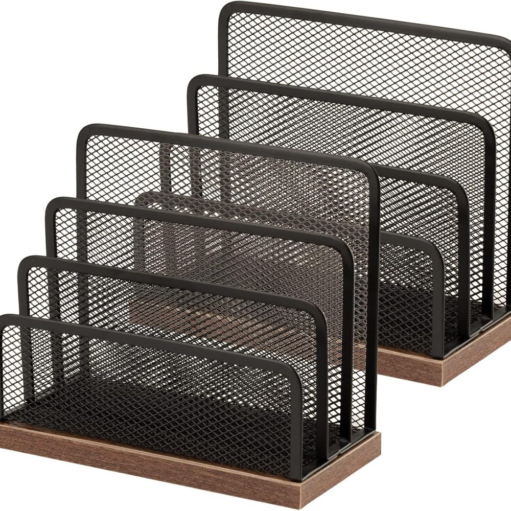 Wooden Desk Mail Organizer, Desktop File Organizer Metal Mesh with 3 Vertical Upright Compartments, Mail Sorter Letter Organizer Rack for Letters, Postcards, Brochures, Mail Holder (2 Pack Black)