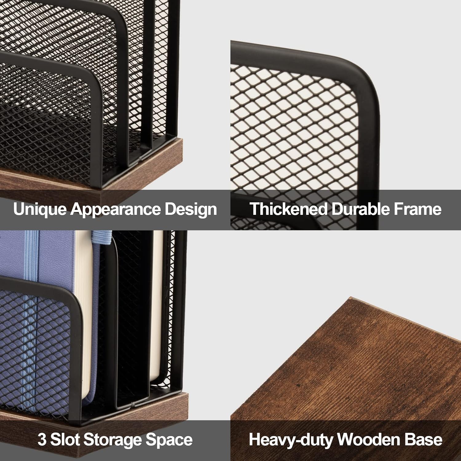 Wooden Desk Mail Organizer, Desktop File Organizer Metal Mesh with 3 Vertical Upright Compartments, Mail Sorter Letter Organizer Rack for Letters, Postcards, Brochures, Mail Holder (2 Pack Black) - Image 3