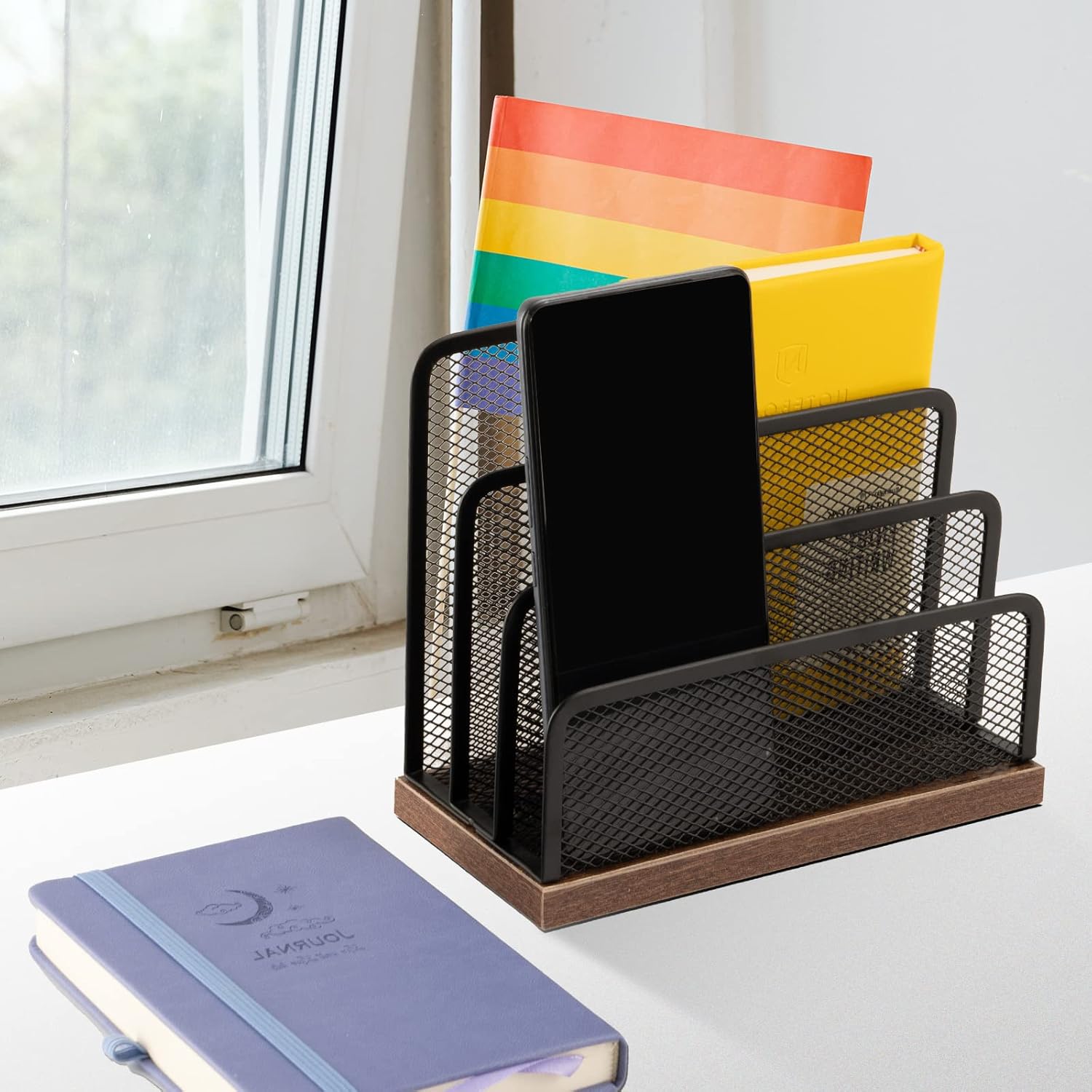 Wooden Desk Mail Organizer, Desktop File Organizer Metal Mesh with 3 Vertical Upright Compartments, Mail Sorter Letter Organizer Rack for Letters, Postcards, Brochures, Mail Holder (2 Pack Black) - Image 4