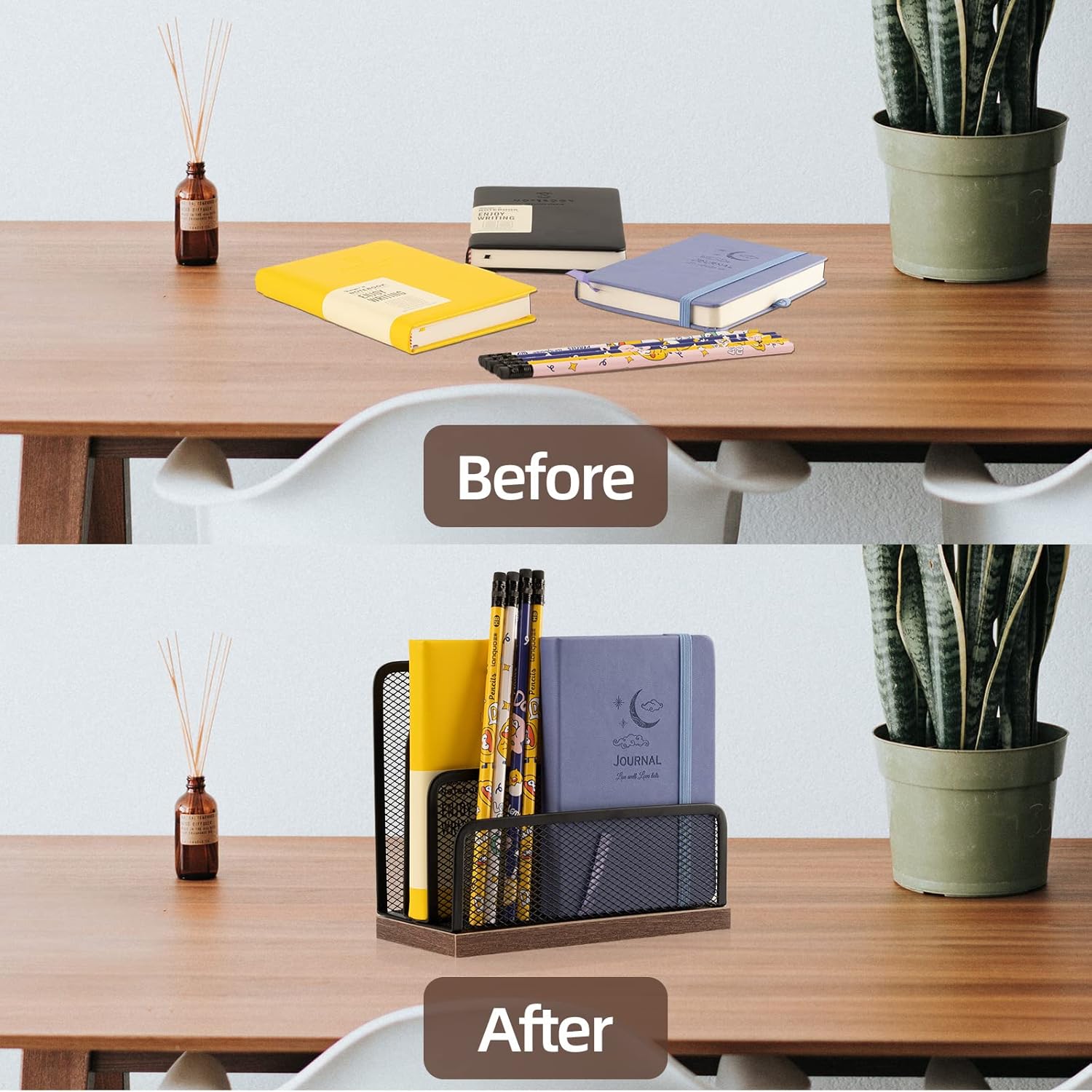 Wooden Desk Mail Organizer, Desktop File Organizer Metal Mesh with 3 Vertical Upright Compartments, Mail Sorter Letter Organizer Rack for Letters, Postcards, Brochures, Mail Holder (2 Pack Black) - Image 5