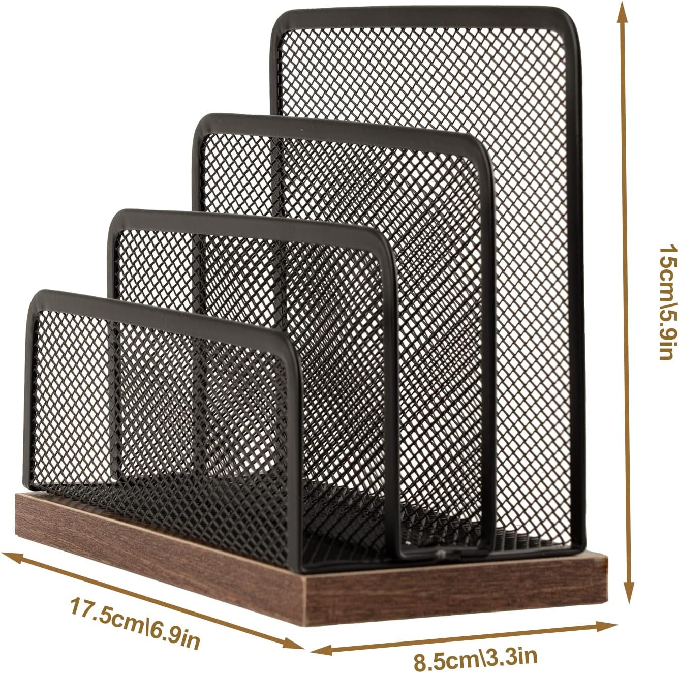 Wooden Desk Mail Organizer, Desktop File Organizer Metal Mesh with 3 Vertical Upright Compartments, Mail Sorter Letter Organizer Rack for Letters, Postcards, Brochures, Mail Holder (2 Pack Black) - Image 6