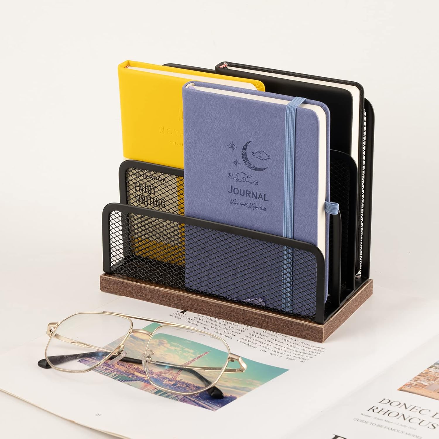 Wooden Desk Mail Organizer, Desktop File Organizer Metal Mesh with 3 Vertical Upright Compartments, Mail Sorter Letter Organizer Rack for Letters, Postcards, Brochures, Mail Holder (2 Pack Black) - Image 7